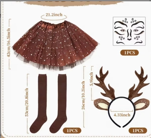 Brown reindeer costume set with star tutu, headband, tall socks and face stickers