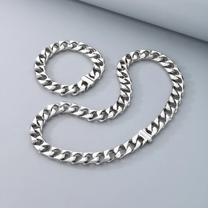 Polished silver titanium steel cuban link chain necklace and bracelet set for men