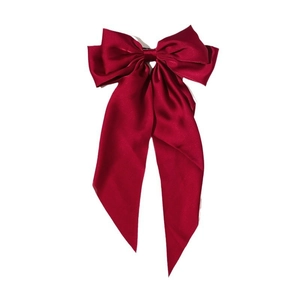 Elegant large burgundy satin bow hair clip with long ribbons for women hair styling