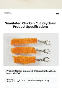 Macro detail of PVC fake fried chicken keychain with realistic texture and metal clasp
