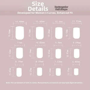 Size chart showing width and length for 24pcs nude pink French press-on nails set
