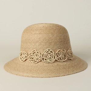 Elegant Women Summer Sun Hat Handmade Woven Raffia Bucket Hat With Crochet Flower Decor For Beach Vacation