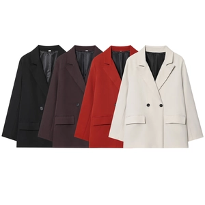 Women Double Breasted Blazer Jacket Long Sleeve Notched Lapel Elegant Solid Color Office Casual Commuter Outerwear