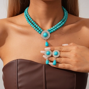 Detail view of double-layer turquoise bead necklace and matching earrings on a model