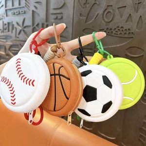 Set of creative sport ball-shaped silicone coin purses and earbud cases with keychains