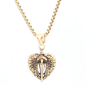 Golden heart angel wings necklace featuring a detailed female deity relief pendant