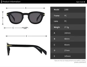 Detailed size chart for retro round sunglasses showing frame dimensions and PC material info