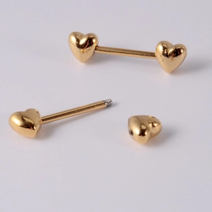 Paire de piercings barbells cœur en acier inoxydable doré pour tétons ou langue