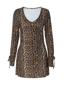 Robe femme sexy 2025 à imprimé léopard, manches longues, col en V et poignets à lacets