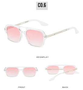Three-way view of transparent pink gradient square aviator sunglasses with double bridge