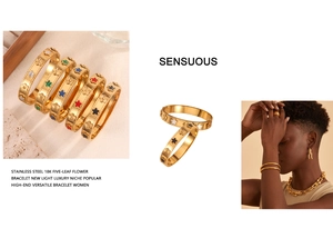 Detail view of 18K gold stainless steel bracelets with colorful five-leaf flower charms