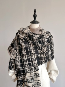 Elegant rose floral cashmere-like scarf with black and white check pattern for women