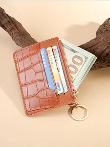 Brown crocodile embossed leather card holder wallet with zipper pocket and gold keychain