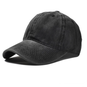Classic washed black cotton baseball cap with distressed brim and vintage sun hat style