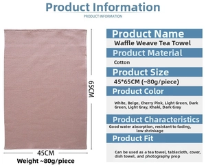 Pink waffle weave cotton tea towel showing 45x65cm dimensions and water absorption