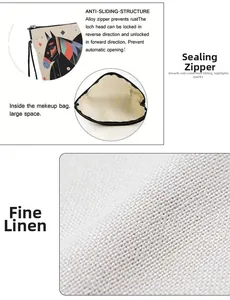 Detail of linen makeup bag with horse pattern showing smooth alloy zipper and large capacity
