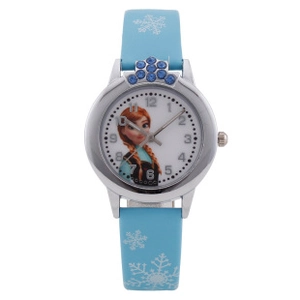 Blue Frozen Anna quartz watch with snowflake strap and sparkling crown dial detail