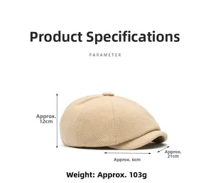 Detailed size specifications for the wool blend newsboy hat in beige color