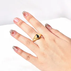 18k gold plated titanium steel ring with black marquise cut zircon in retro style