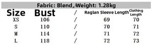 Size chart showing chest, sleeve, and length dimensions for women patchwork jacket