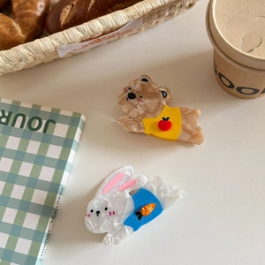 Pinces à cheveux mignonnes en acétate avec ours et lapin, texture marbrée élégante