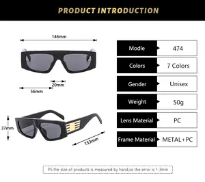 Detailed size chart and specifications for vintage wide-leg sunglasses model 474