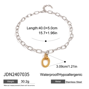 Detail showing two-tone stainless steel chain necklace dimensions 40+5cm length