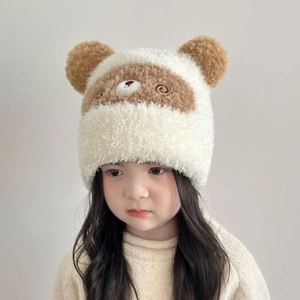 Plüschige Panda-Wintermütze für Kinder in Beige und Braun mit niedlichen Ohren
