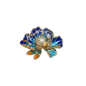 Exquisite French enamel flower brooch with pearl center and crystals on a gold base