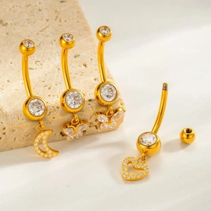 G23 titanium navel rings set with moon butterfly and heart charms with cubic zirconia
