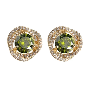 Elegant gold flower earrings with olive green round zircons and white pave halo accents