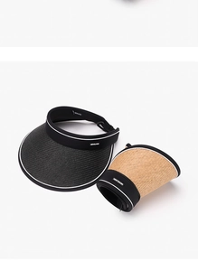 Stylish women's straw sun visors in black and beige, highlighting foldable design