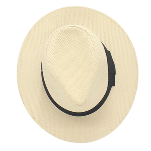 Top view of beige straw fedora hat featuring a fine texture and black grosgrain ribbon