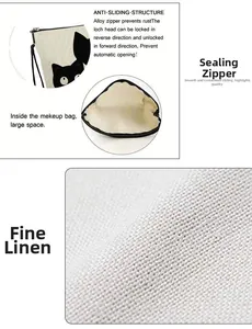 Detail of linen makeup bag with cartoon cat print and durable anti-slip alloy zipper