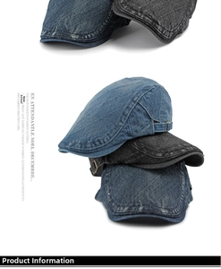 Detail view of washed denim flat caps with adjustable metal buckles and twill texture