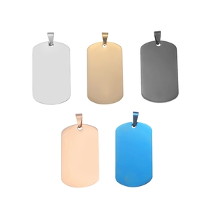 Polished stainless steel dog tag pendants in silver, gold, black, rose gold, and blue
