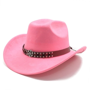 Pink suede fedora with brown leather rivet band and vintage engraved medal detail
