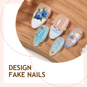 Blue Bohemian heart totem press-on nails with 3D embossed flowers and pearl accents