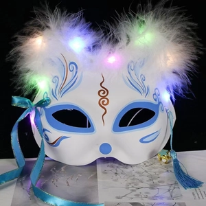 Luminous fox mask with white feathers, blue hand-painted patterns and LED lights