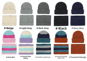 Detail view of 10-color striped and solid ribbed knit beanie and neck warmer sets for kids