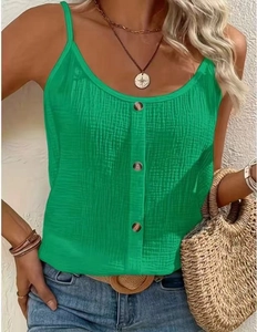Detail of green summer tank top with wooden buttons and natural fabric texture
