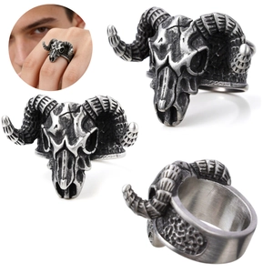 Vintage Ram Skull Stainless Steel Ring Gothic Punk Biker Jewelry For Men Retro Oxidized Animal Spirit Jewelry