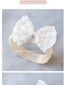 Close-up of baby lace headband with delicate white floral bow and high-elastic band