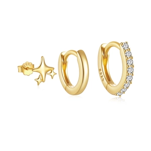 S925 sterling silver gold-plated earring set featuring star stud and zircon hoops