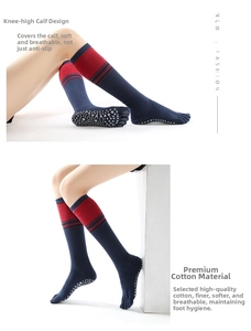 Close-up of over-the-knee five-finger yoga socks with non-slip grips and striped design