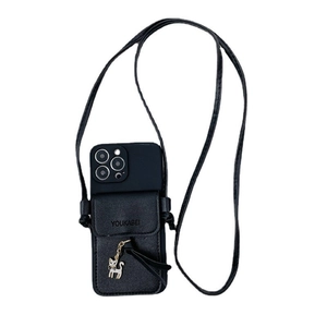 Black faux leather crossbody phone bag with cat charm for iPhone 15/16 Pro Max