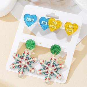 Colorful acrylic Christmas earring set with glitter hearts and polka dot star pendants
