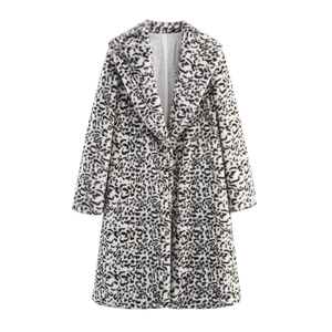 Women Leopard Print Faux Fur Coat Mid-Length Lapel Long Sleeve Warm Winter Jacket Outerwear
