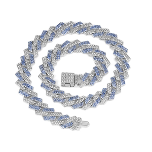 15mm silver Cuban link necklace with sparkling blue and clear rhinestones for hip-hop style