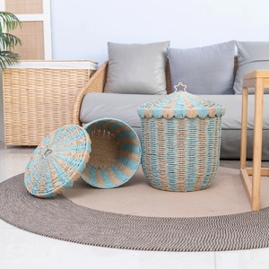 Nordic paper rope woven storage baskets with star handle lids for children's room decor